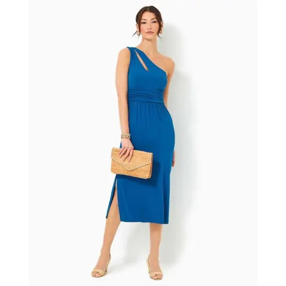 Lilly Pulitzer NWT Helina One Shoulder Midi Dress Medium Barton Blue Solid Event